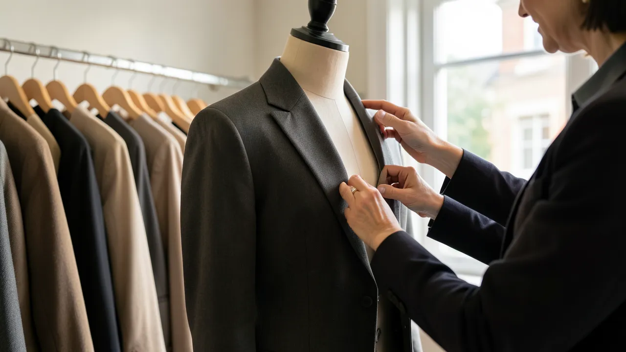 Elegantes Atelier mit ordentlich aufgehängten Kleidungsstücken, warmem Fensterlicht und einer nahen Aufnahme von Stoffdetails, während eine Person einen Blazer an einem Modell anpasst.
